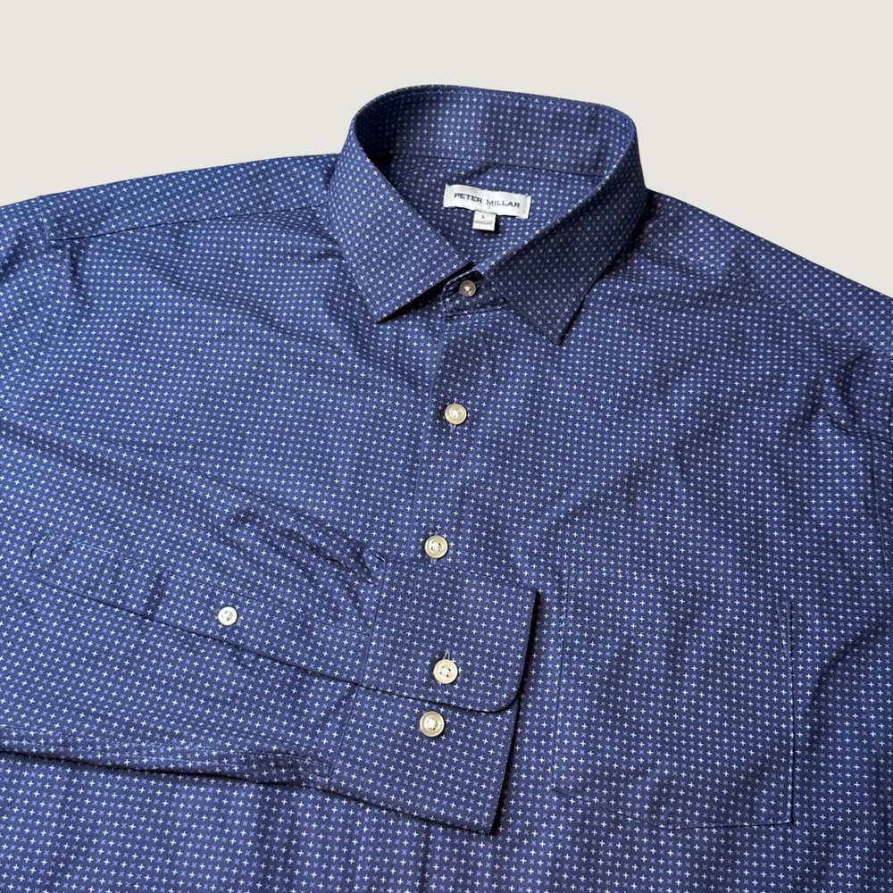 Peter Millar Shirt Mens L MS25W44LTPP Azuri Blue Geometric Button Down Sport